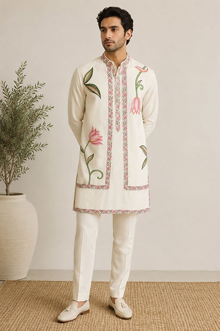 White Silk Nehru Jacket Set by VAROIN MARWAH at Pernia's Pop Up Shop