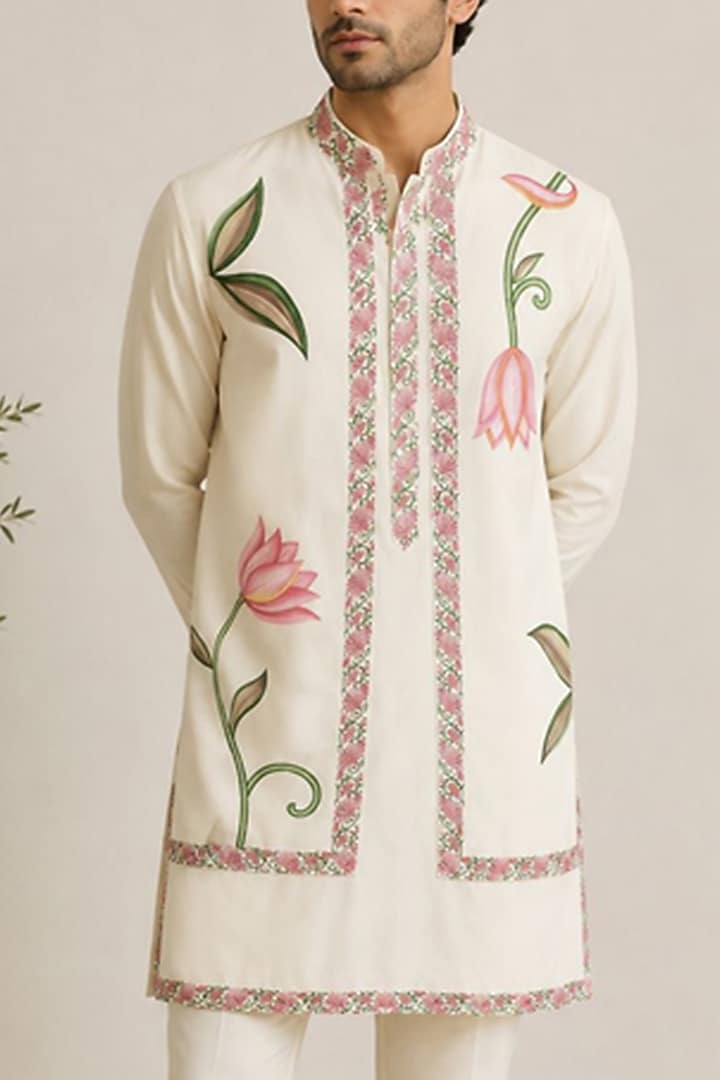 White Silk Nehru Jacket Set by VAROIN MARWAH at Pernia's Pop Up Shop