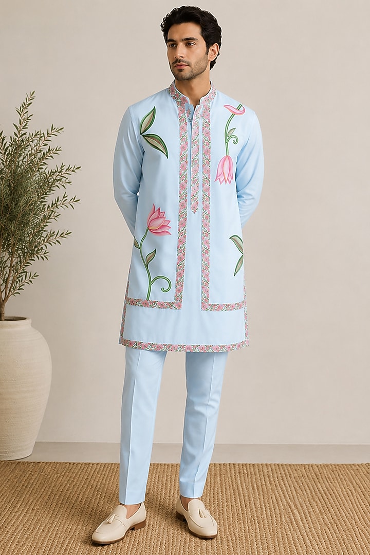 Sky Blue Cotton Silk Bundi Jacket Set by VAROIN MARWAH at Pernia's Pop Up Shop