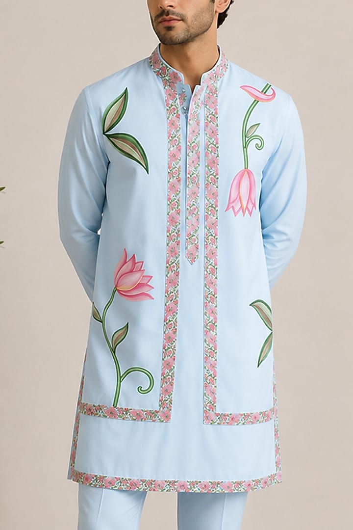 Sky Blue Cotton Silk Bundi Jacket Set by VAROIN MARWAH at Pernia's Pop Up Shop