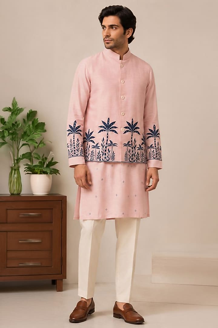 Pink Silk Bundi Jacket Set by VAROIN MARWAH at Pernia's Pop Up Shop