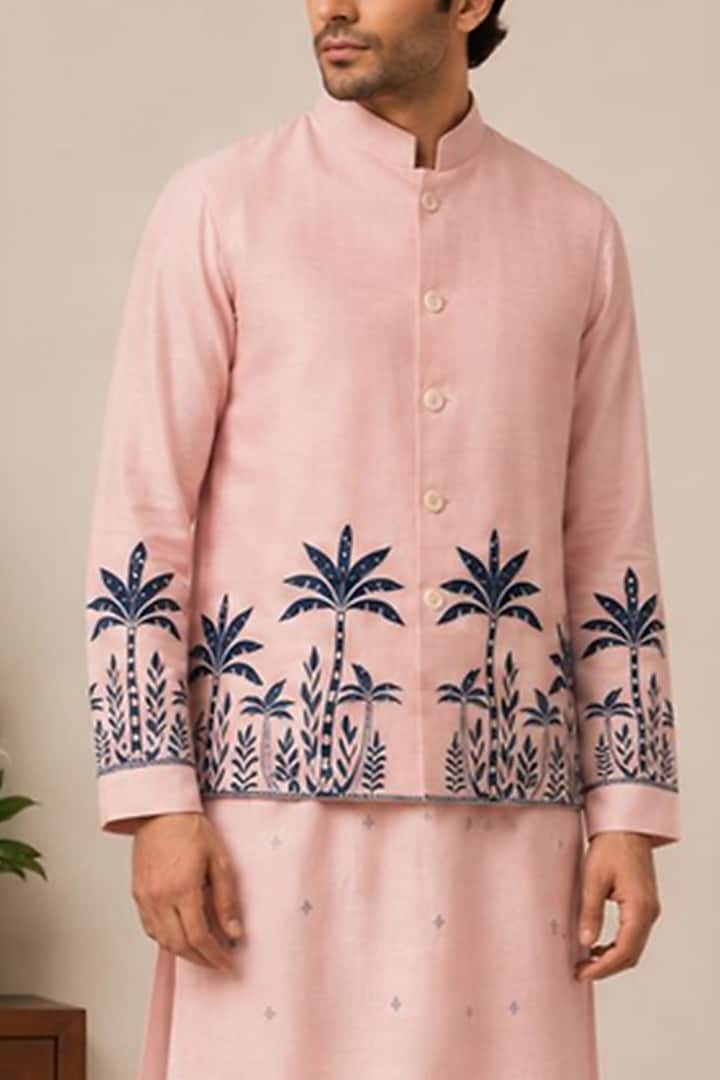 Pink Silk Bundi Jacket Set by VAROIN MARWAH at Pernia's Pop Up Shop