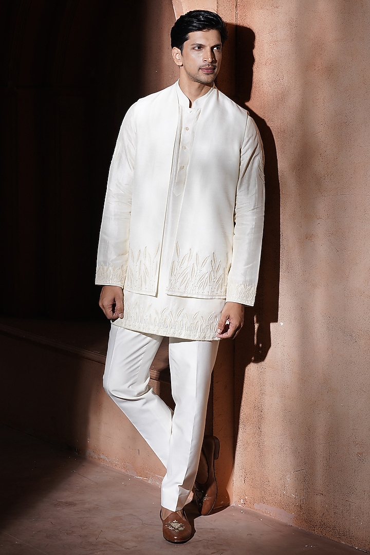 Ivory Silk Embroidered Nehru Jacket Set by VAROIN MARWAH at Pernia's Pop Up Shop