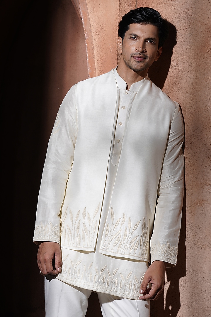 Ivory Silk Embroidered Nehru Jacket Set by VAROIN MARWAH at Pernia's Pop Up Shop