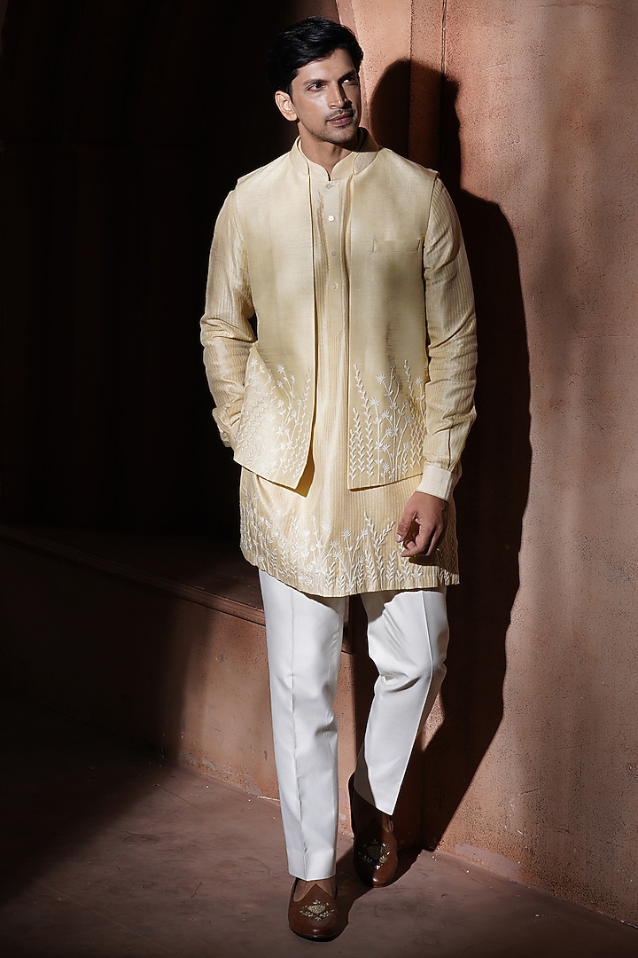 Beige Silk Embroidered Nehru Jacket Set by VAROIN MARWAH at Pernia's Pop Up Shop