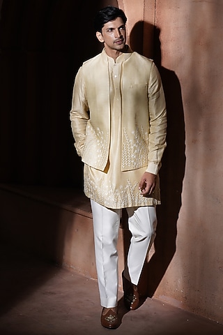 Beige Silk Embroidered Nehru Jacket Set by VAROIN MARWAH