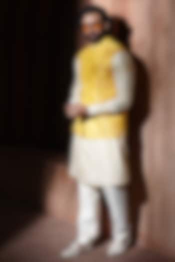 Yellow Cotton Silk Embroidered Nehru Jacket Set by VAROIN MARWAH at Pernia's Pop Up Shop