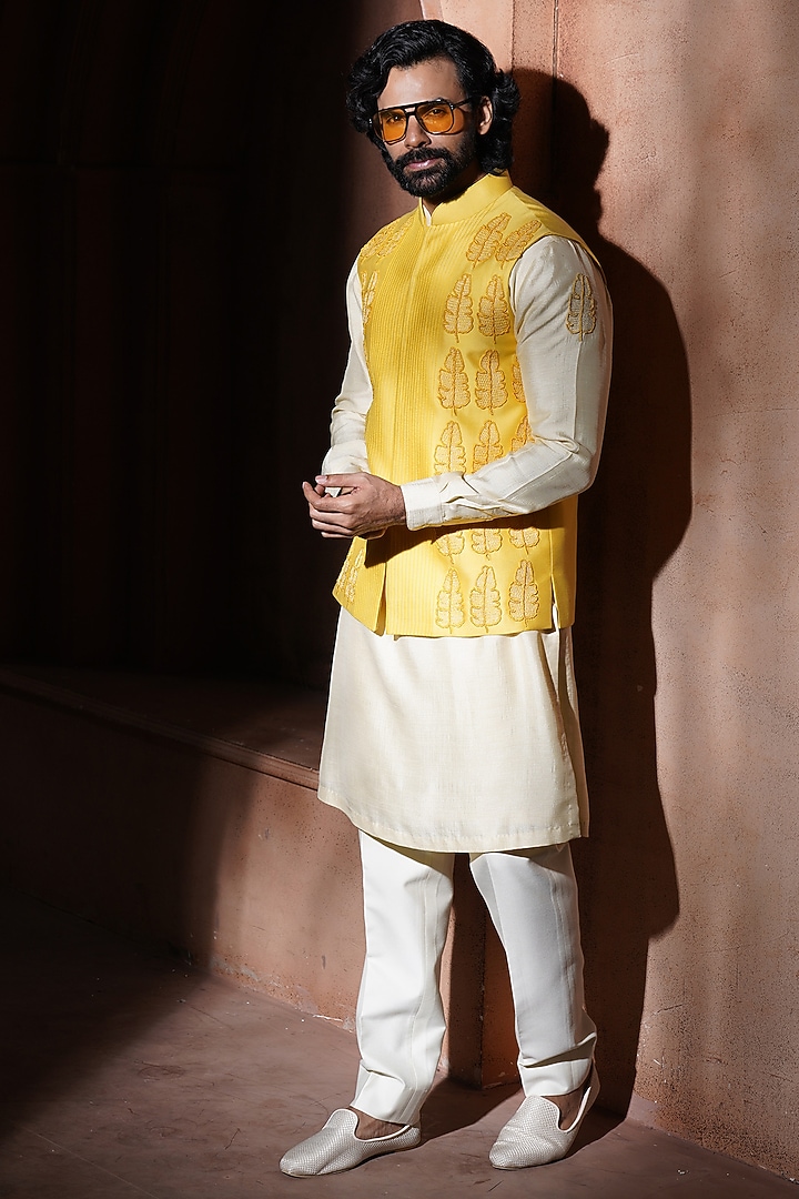 Yellow Cotton Silk Embroidered Nehru Jacket Set by VAROIN MARWAH at Pernia's Pop Up Shop