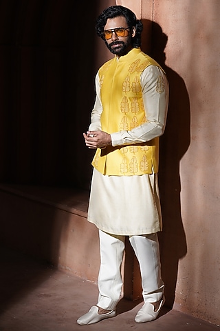 Yellow Cotton Silk Embroidered Nehru Jacket Set by VAROIN MARWAH