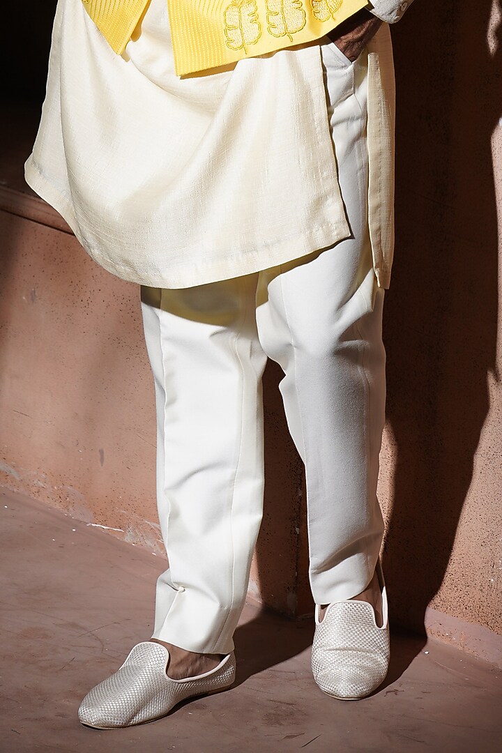 Yellow Cotton Silk Embroidered Nehru Jacket Set by VAROIN MARWAH at Pernia's Pop Up Shop