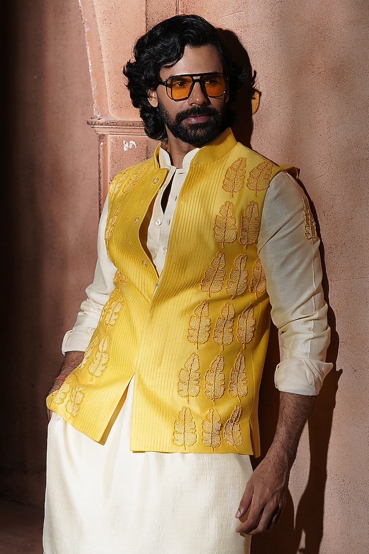 Yellow Cotton Silk Embroidered Nehru Jacket Set by VAROIN MARWAH at Pernia's Pop Up Shop