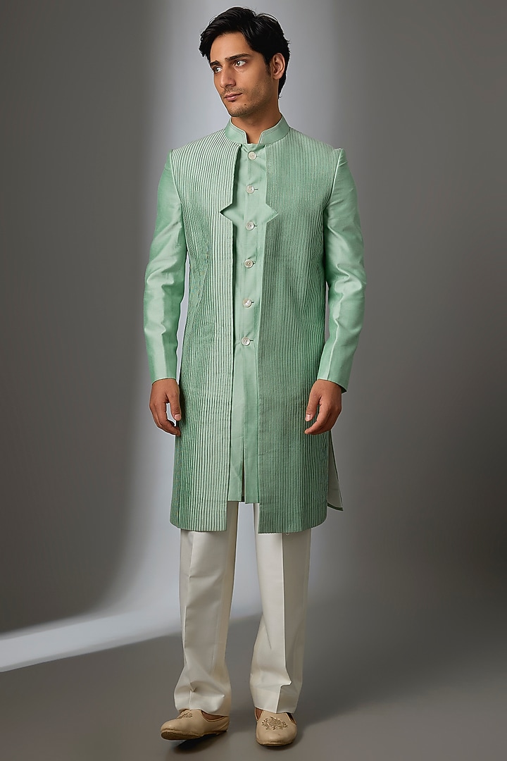 Mint Green Silk Groom Sherwani Set by VAROIN MARWAH at Pernia's Pop Up Shop