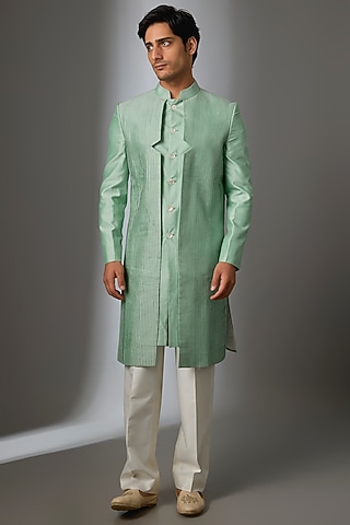 Mint Green Silk Sherwani Set by VAROIN MARWAH