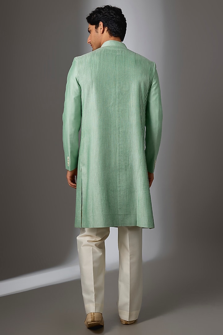 Mint Green Silk Groom Sherwani Set by VAROIN MARWAH at Pernia's Pop Up Shop