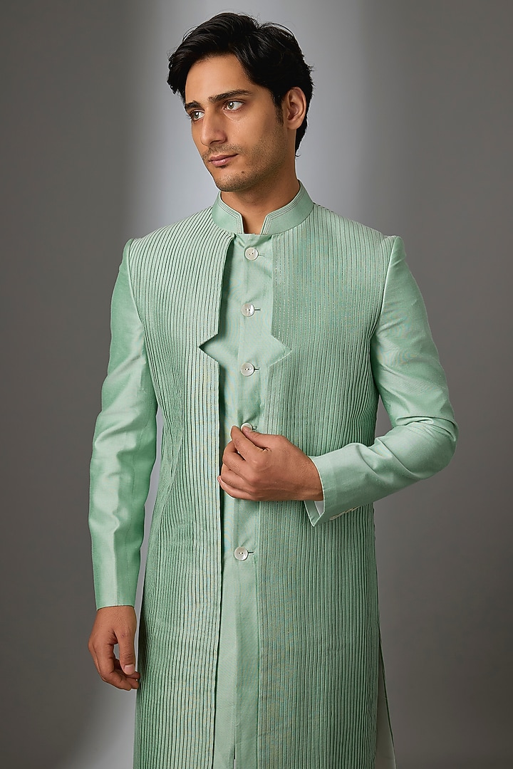 Mint Green Silk Groom Sherwani Set by VAROIN MARWAH at Pernia's Pop Up Shop