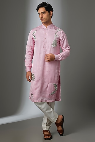 Pink Silk Kurta Set by VAROIN MARWAH