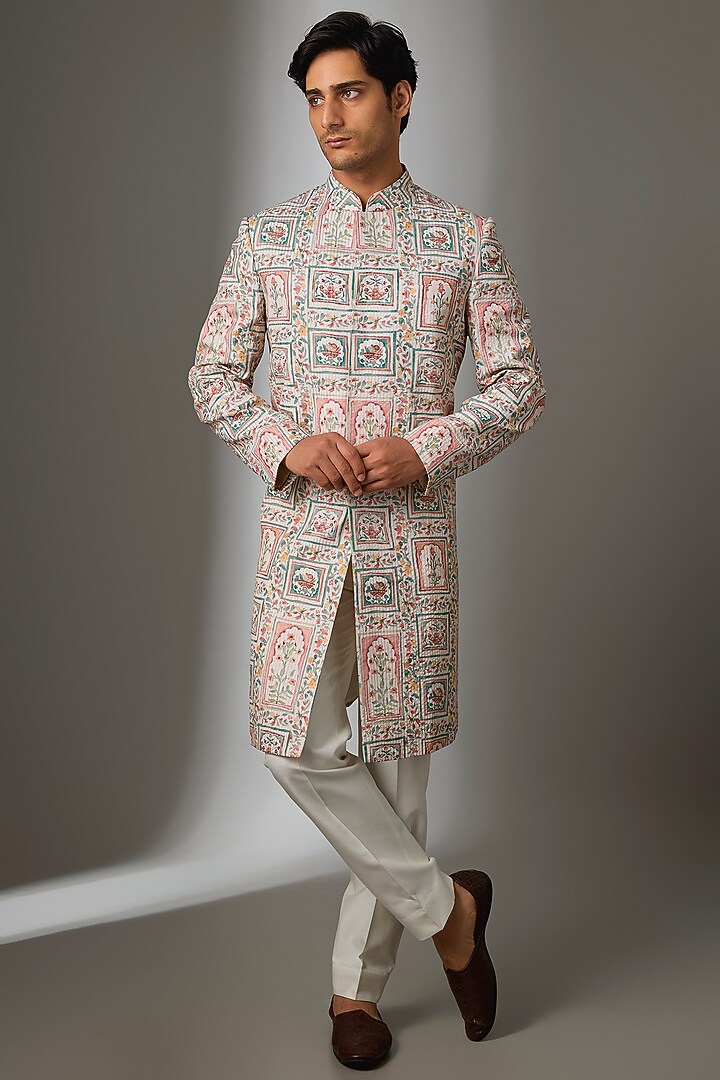 Off-White Silk Groom Sherwani Set by VAROIN MARWAH at Pernia's Pop Up Shop