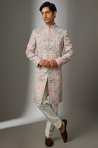 Off-White Silk Sherwani Set by VAROIN MARWAH