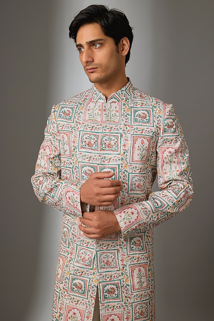 Off-White Silk Groom Sherwani Set by VAROIN MARWAH at Pernia's Pop Up Shop