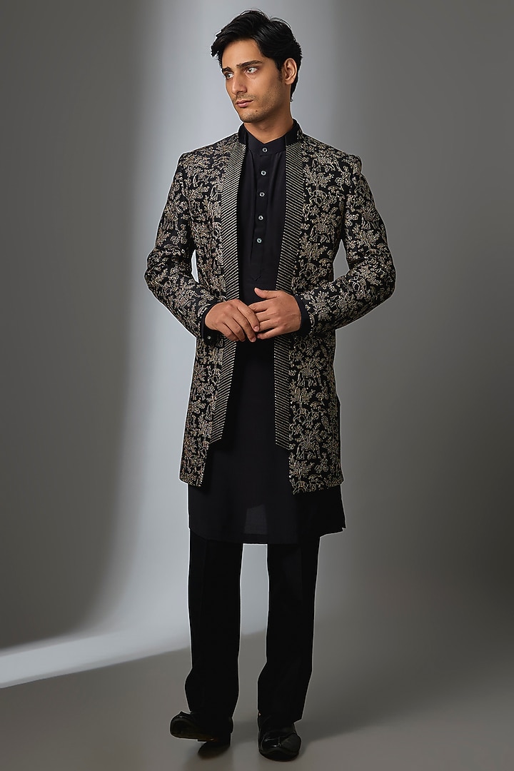 Black & Gold Silk Groom Indowestern Jacket Set by VAROIN MARWAH at Pernia's Pop Up Shop