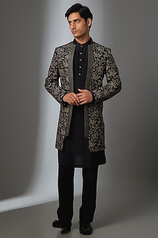Black & Gold Silk Indowestern Jacket Set by VAROIN MARWAH