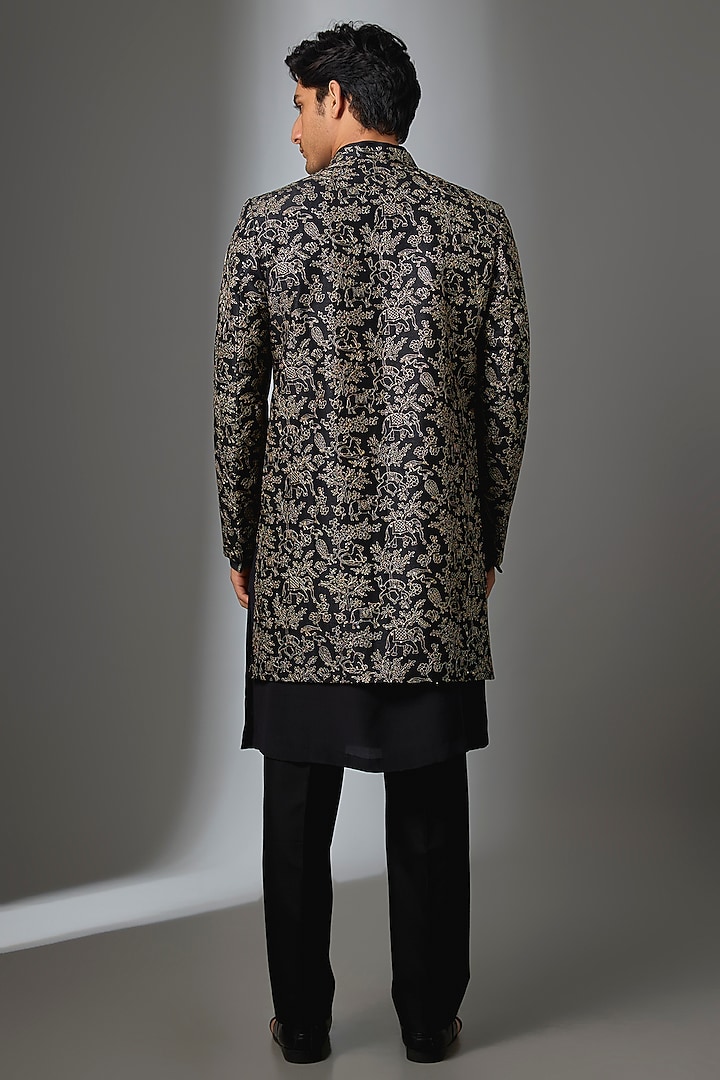 Black & Gold Silk Groom Indowestern Jacket Set by VAROIN MARWAH at Pernia's Pop Up Shop