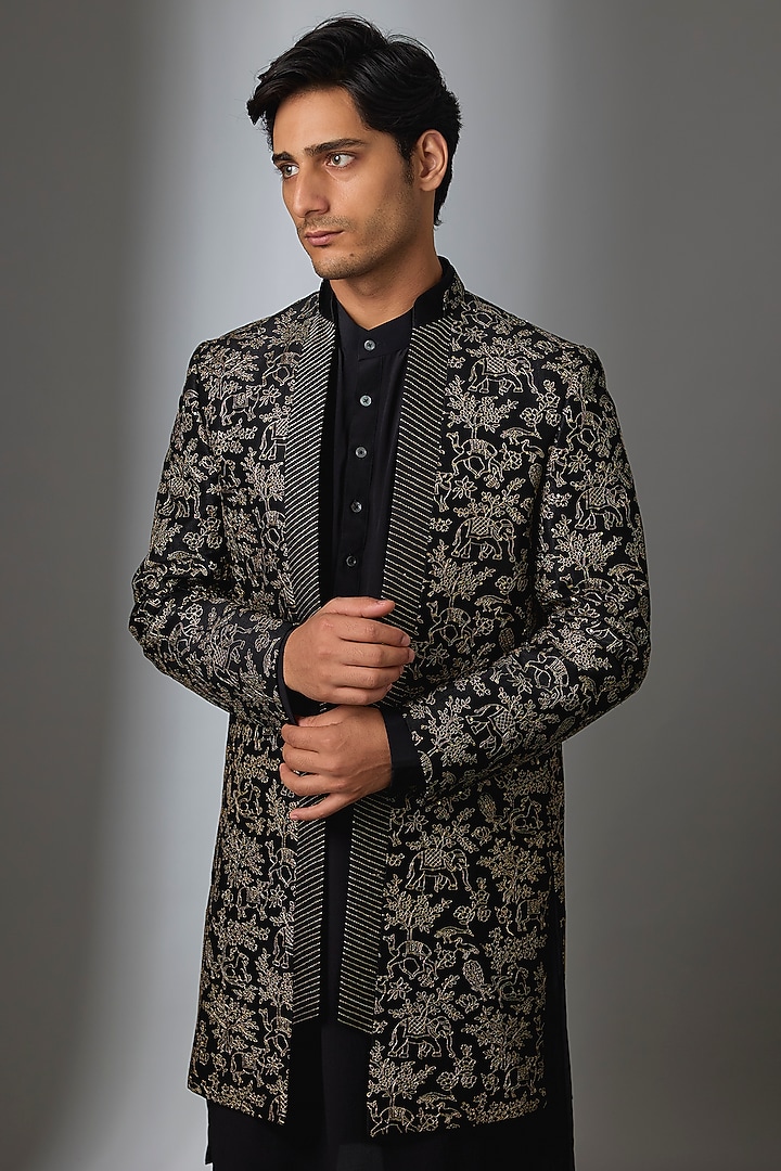 Black & Gold Silk Groom Indowestern Jacket Set by VAROIN MARWAH at Pernia's Pop Up Shop
