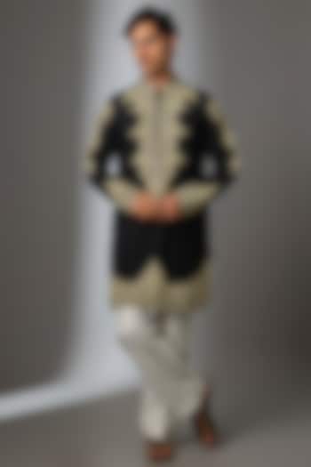 Black Silk Embellished Kurta Set by VAROIN MARWAH at Pernia's Pop Up Shop