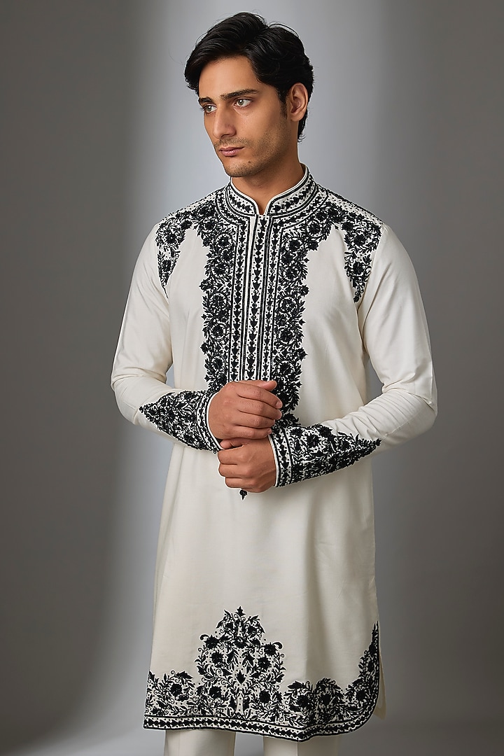 White Silk Embellished Kurta Set by VAROIN MARWAH at Pernia's Pop Up Shop