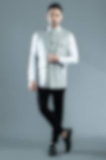 Cloud Grey Suiting Nehru Jacket by VAROIN MARWAH at Pernia's Pop Up Shop