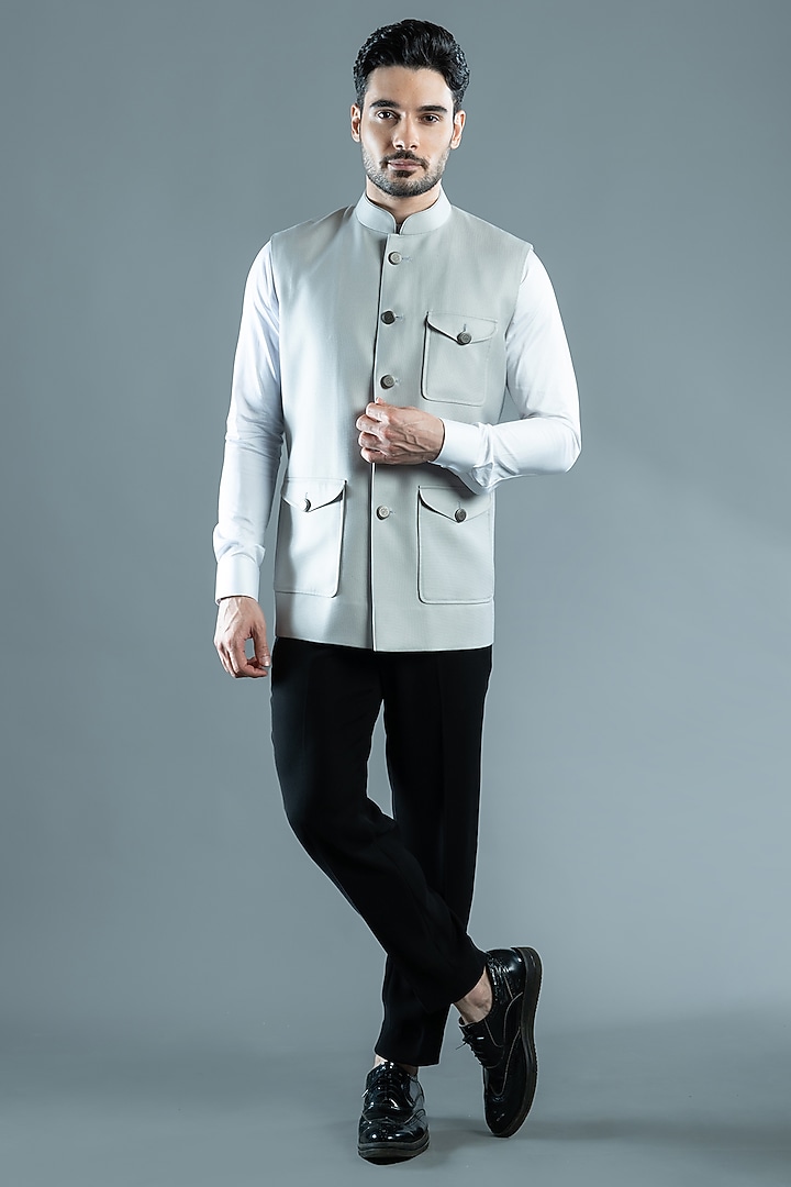 Cloud Grey Suiting Nehru Jacket by VAROIN MARWAH at Pernia's Pop Up Shop