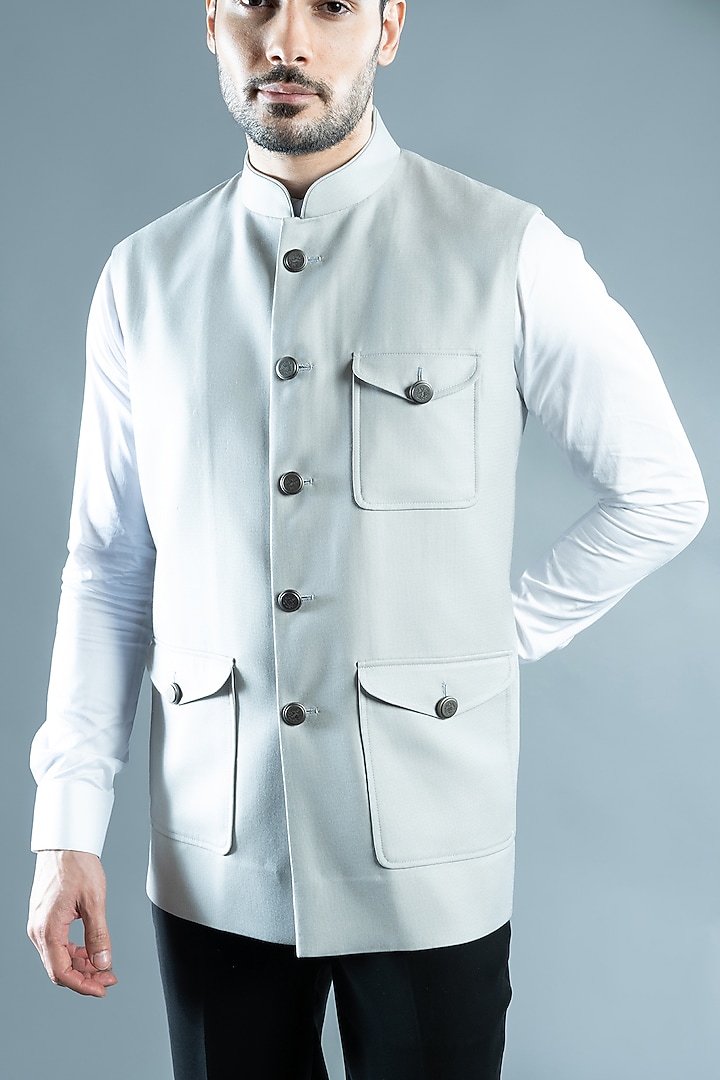 Cloud Grey Suiting Nehru Jacket by VAROIN MARWAH at Pernia's Pop Up Shop