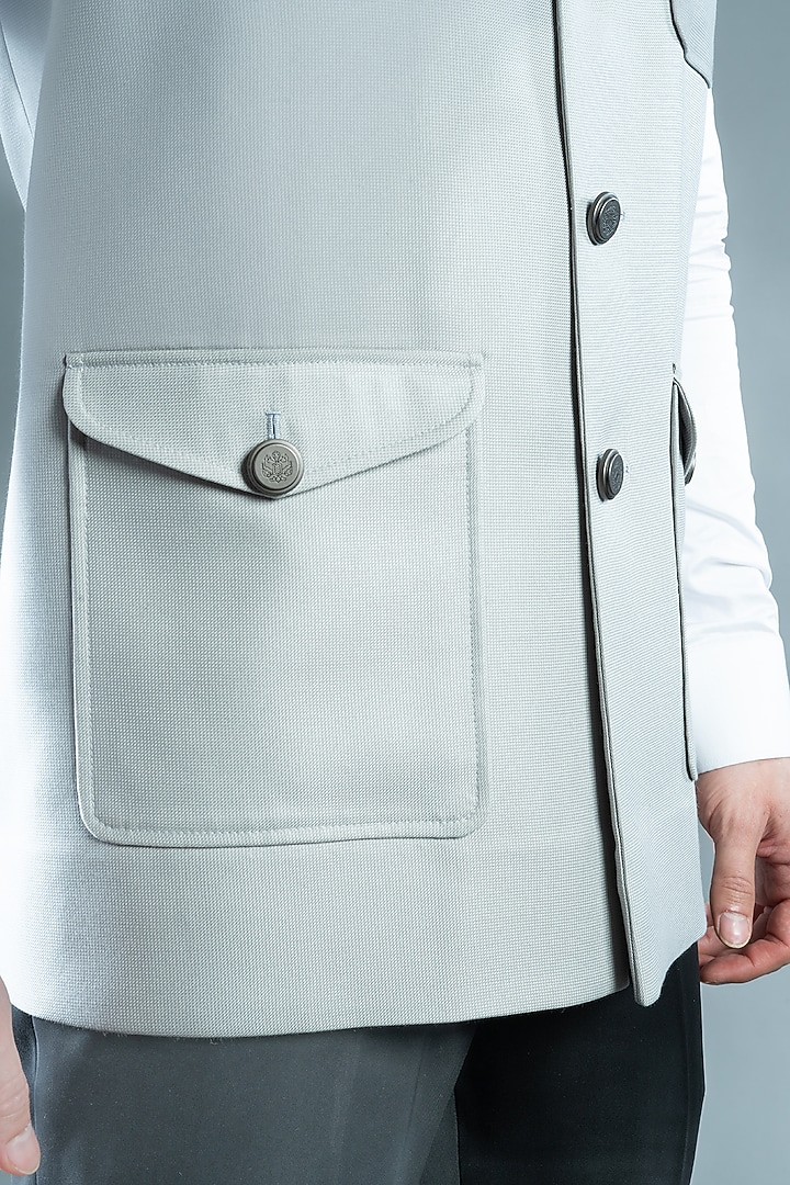 Cloud Grey Suiting Nehru Jacket by VAROIN MARWAH at Pernia's Pop Up Shop