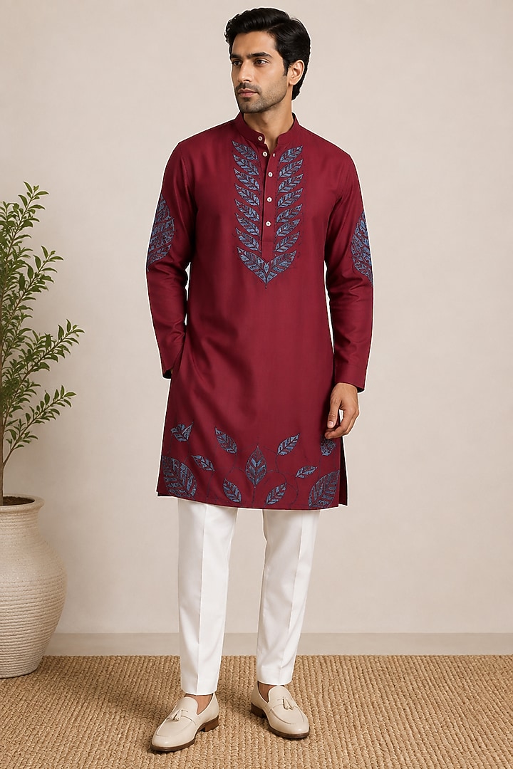 Red Silk Embroidered Kurta Set by VAROIN MARWAH at Pernia's Pop Up Shop
