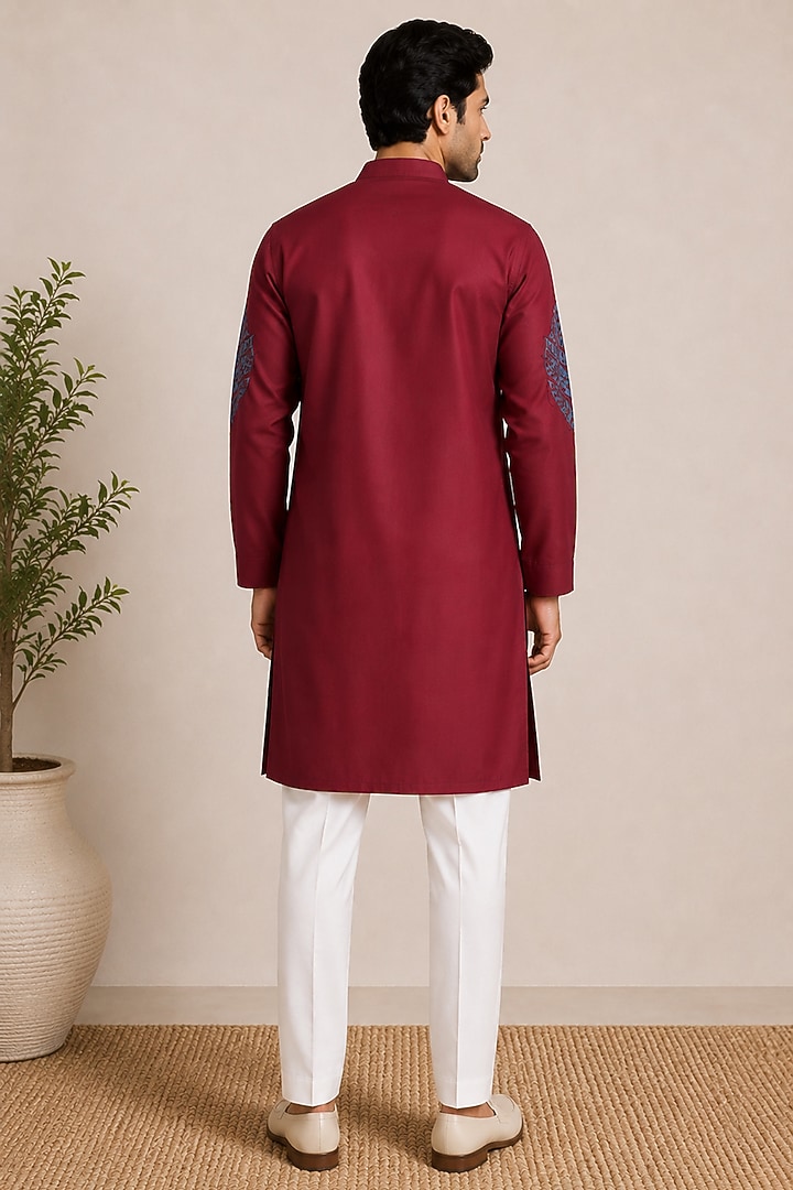 Red Silk Embroidered Kurta Set by VAROIN MARWAH at Pernia's Pop Up Shop