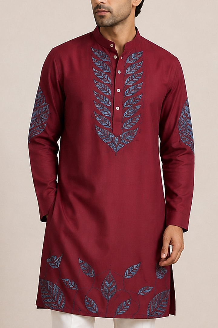 Red Silk Embroidered Kurta Set by VAROIN MARWAH at Pernia's Pop Up Shop