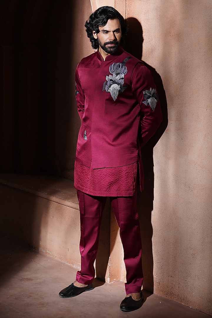 Maroon Silk Embroidered Nehru Jacket by VAROIN MARWAH at Pernia's Pop Up Shop