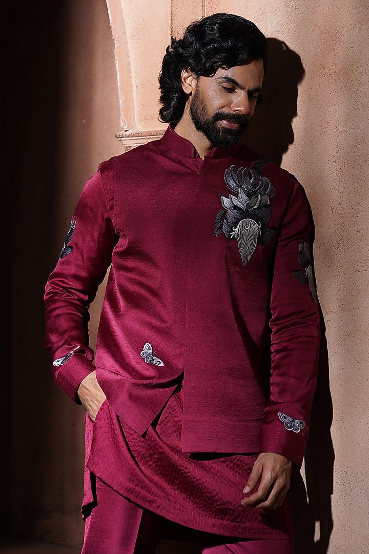 Maroon Silk Embroidered Nehru Jacket by VAROIN MARWAH at Pernia's Pop Up Shop