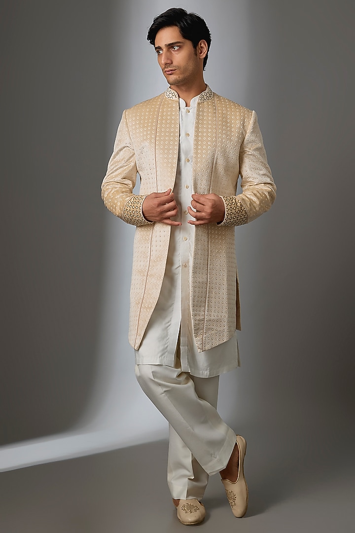 Off-White Silk Groom Indowestern Jacket Set by VAROIN MARWAH at Pernia's Pop Up Shop