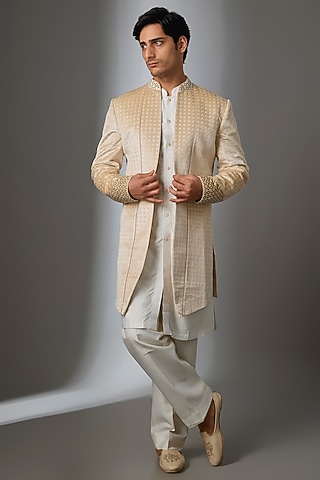 Off-White Silk Indowestern Jacket Set by VAROIN MARWAH