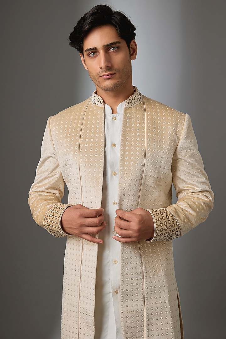 Off-White Silk Groom Indowestern Jacket Set by VAROIN MARWAH at Pernia's Pop Up Shop