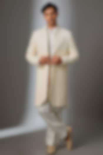 Cream Silk Groom Indowestern Jacket Set by VAROIN MARWAH at Pernia's Pop Up Shop