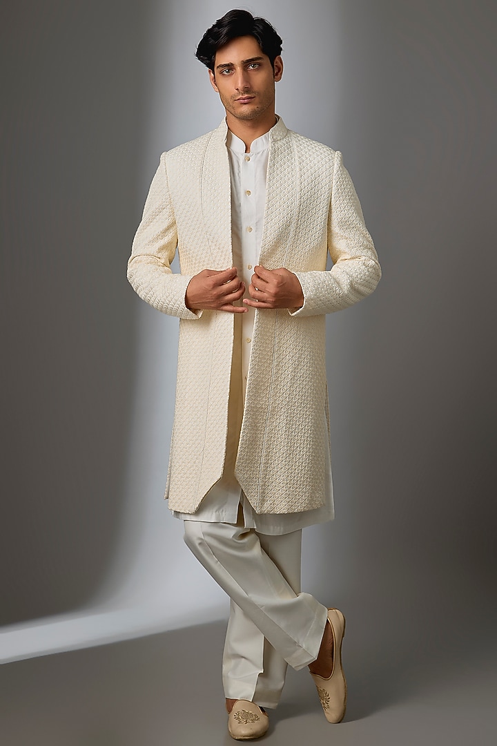 Cream Silk Groom Indowestern Jacket Set by VAROIN MARWAH at Pernia's Pop Up Shop