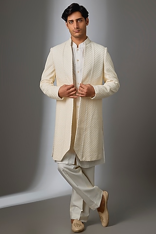 Cream Silk Indowestern Jacket Set by VAROIN MARWAH