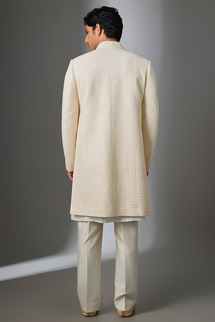 Cream Silk Groom Indowestern Jacket Set by VAROIN MARWAH at Pernia's Pop Up Shop