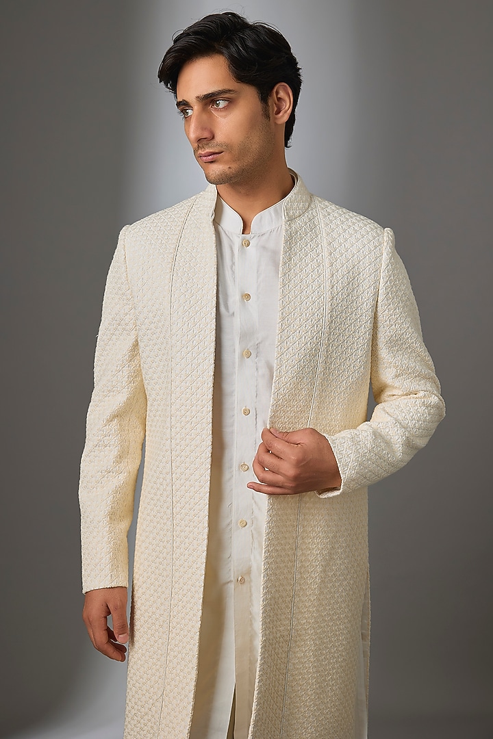 Cream Silk Groom Indowestern Jacket Set by VAROIN MARWAH at Pernia's Pop Up Shop