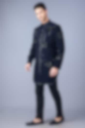 Navy Silk Hand Embroidered Short Groom Sherwani Set by VAROIN MARWAH at Pernia's Pop Up Shop