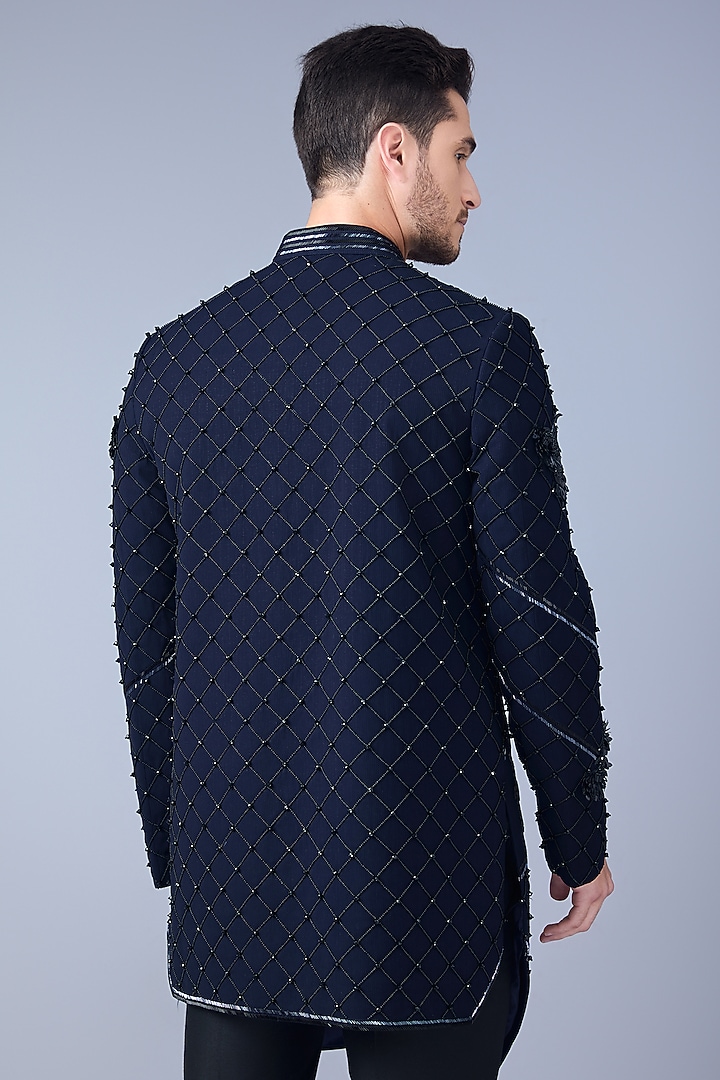 Navy Silk Hand Embroidered Short Groom Sherwani Set by VAROIN MARWAH at Pernia's Pop Up Shop
