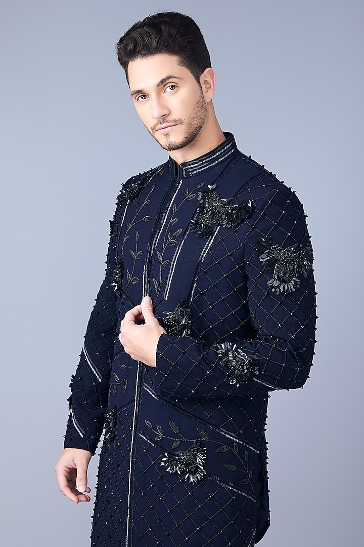 Navy Silk Hand Embroidered Short Groom Sherwani Set by VAROIN MARWAH at Pernia's Pop Up Shop
