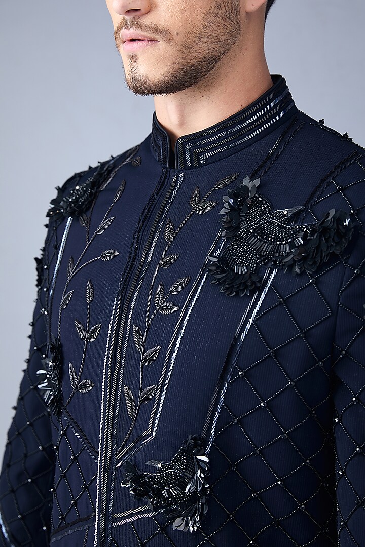 Navy Silk Hand Embroidered Short Groom Sherwani Set by VAROIN MARWAH at Pernia's Pop Up Shop